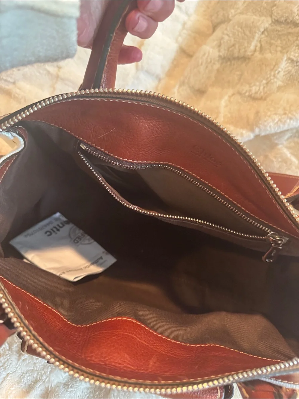 Chloe Edith White Canvas and Brown Leather Satchel with Strap